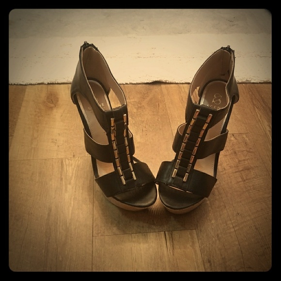 Shoes - 6 inch comfy black n gold zip up in back wedges,